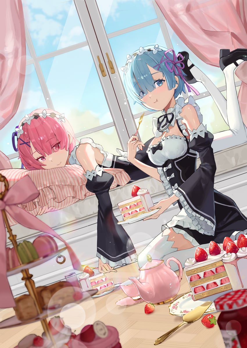rem and ram (re:zero kara hajimeru isekai seikatsu) drawn by bodiedwile