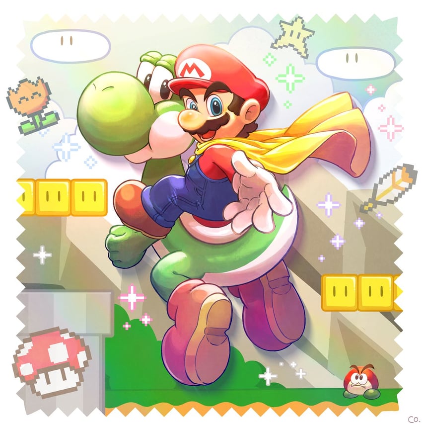 mario, yoshi, cape mario, and galoomba (mario and 1 more) drawn by co_co_mg