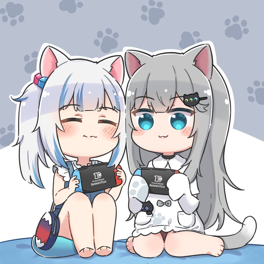 gawr gura and nachoneko (hololive and 2 more) drawn by rutorifuki