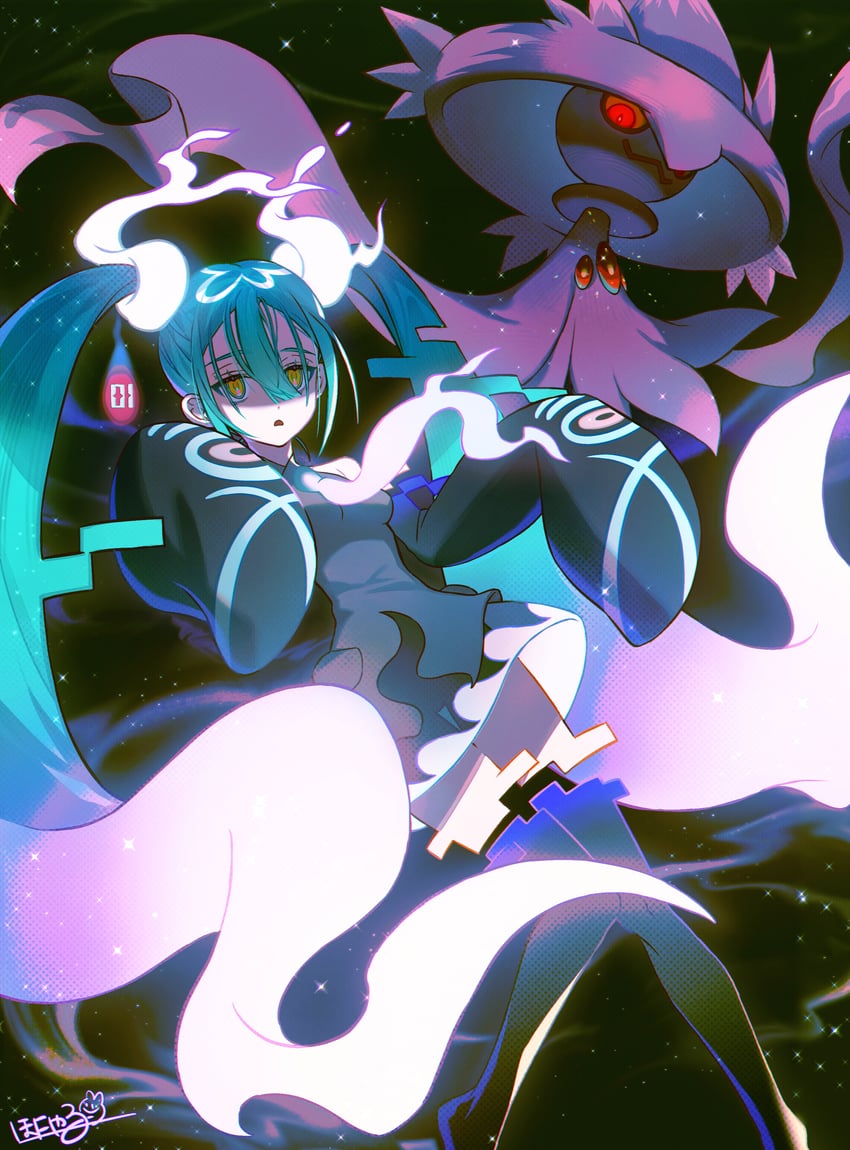 hatsune miku, mismagius, and ghost miku (pokemon and 2 more) drawn by honyaru_(nanairo39)
