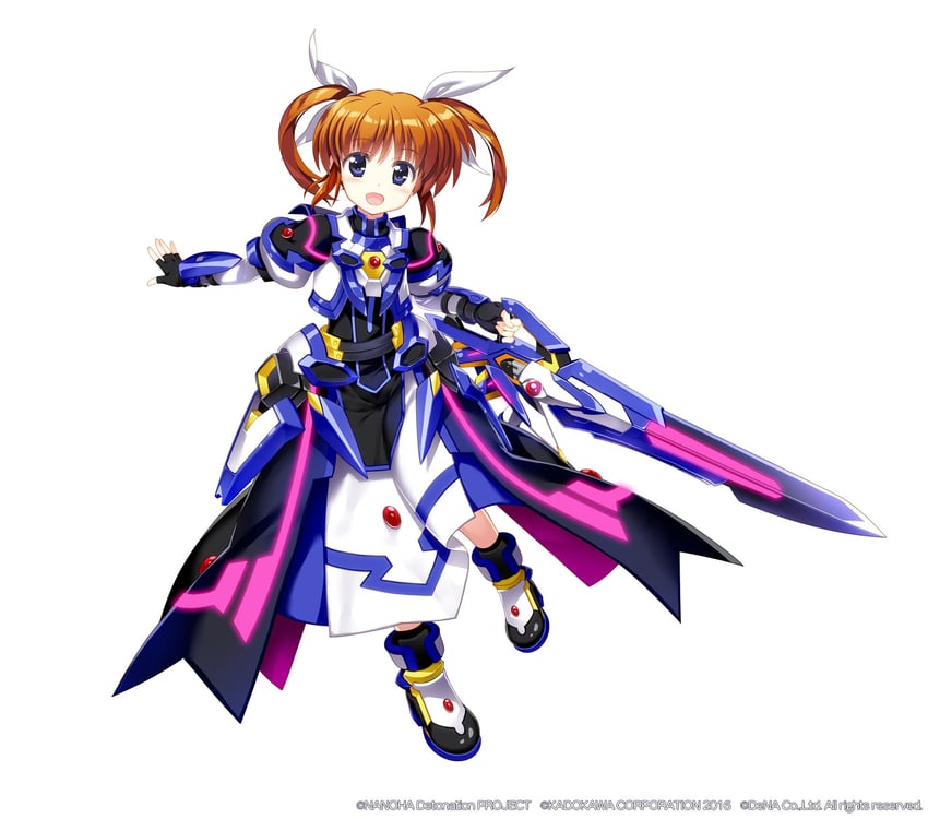 takamachi nanoha, raising heart, and raising heart streamer (lyrical nanoha and 2 more) drawn by fujima_takuya