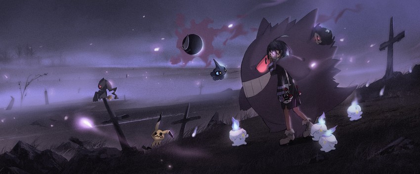 gengar, mimikyu, litwick, allister, gastly, and 3 more (pokemon and 1 more) drawn by xuefei_(snowdrop)