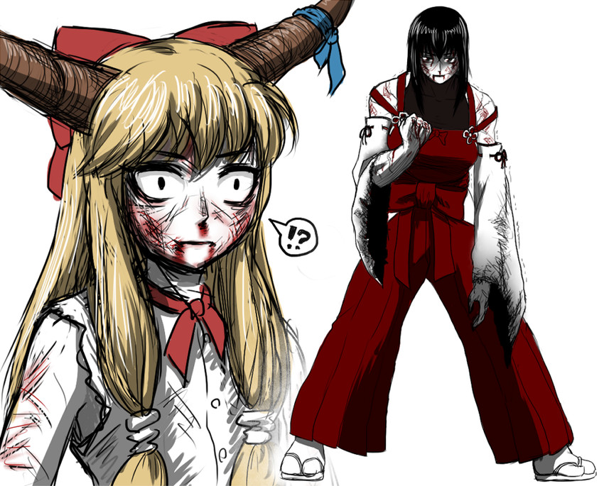 ibuki suika and sendai hakurei no miko (original and 2 more) drawn by taikyoku_tsurugi