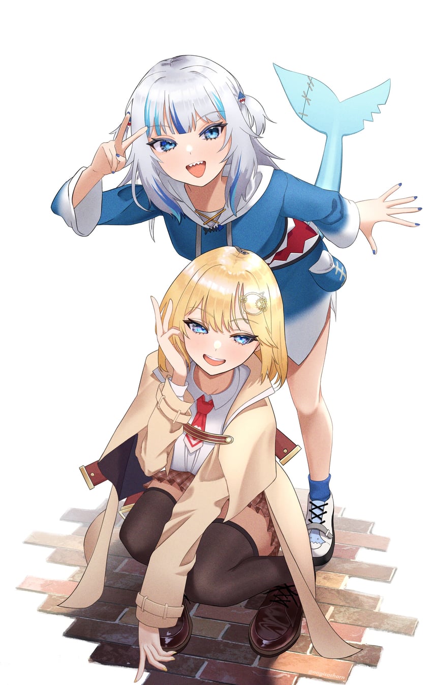 gawr gura and watson amelia (hololive and 1 more) drawn by purewhite_draw