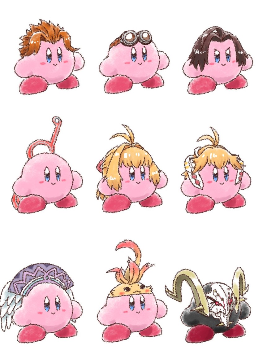 kirby, melia antiqua, shulk, fiora, riki, and 4 more (xenoblade chronicles and 3 more) drawn by kurima_momomo