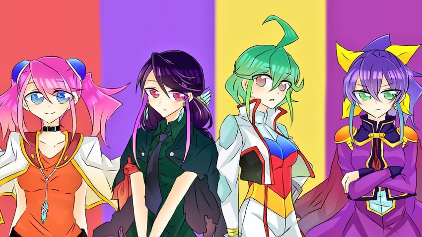 hiiragi yuzu, sakaki yuya, serena, kurosaki ruri, rin, and 3 more (yu-gi-oh! and 1 more) drawn by hahahano927