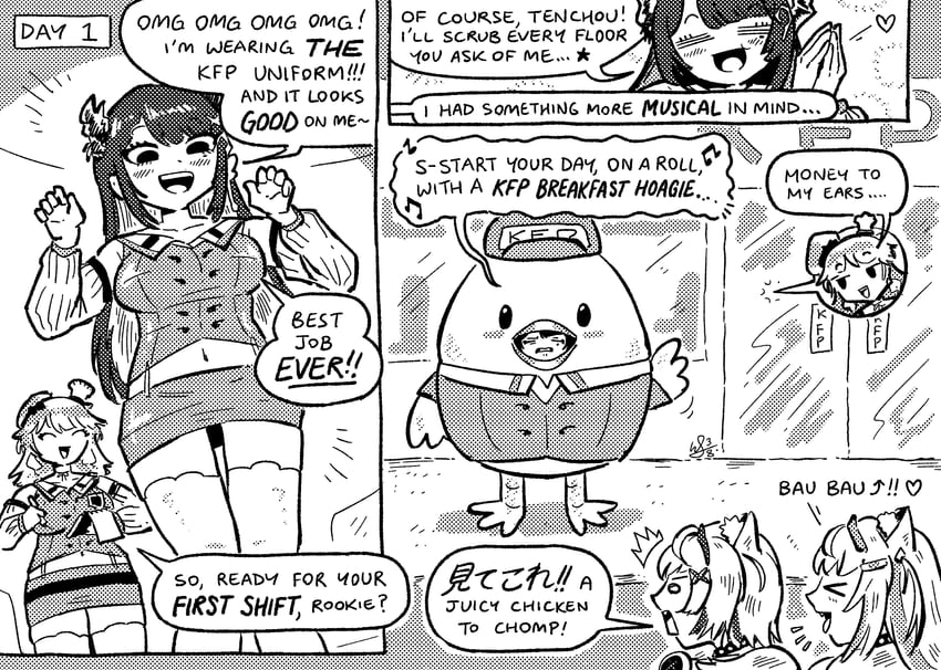 takanashi kiara, nerissa ravencroft, fuwawa abyssgard, mococo abyssgard, and kfp employee (hololive and 1 more) drawn by william_leonard