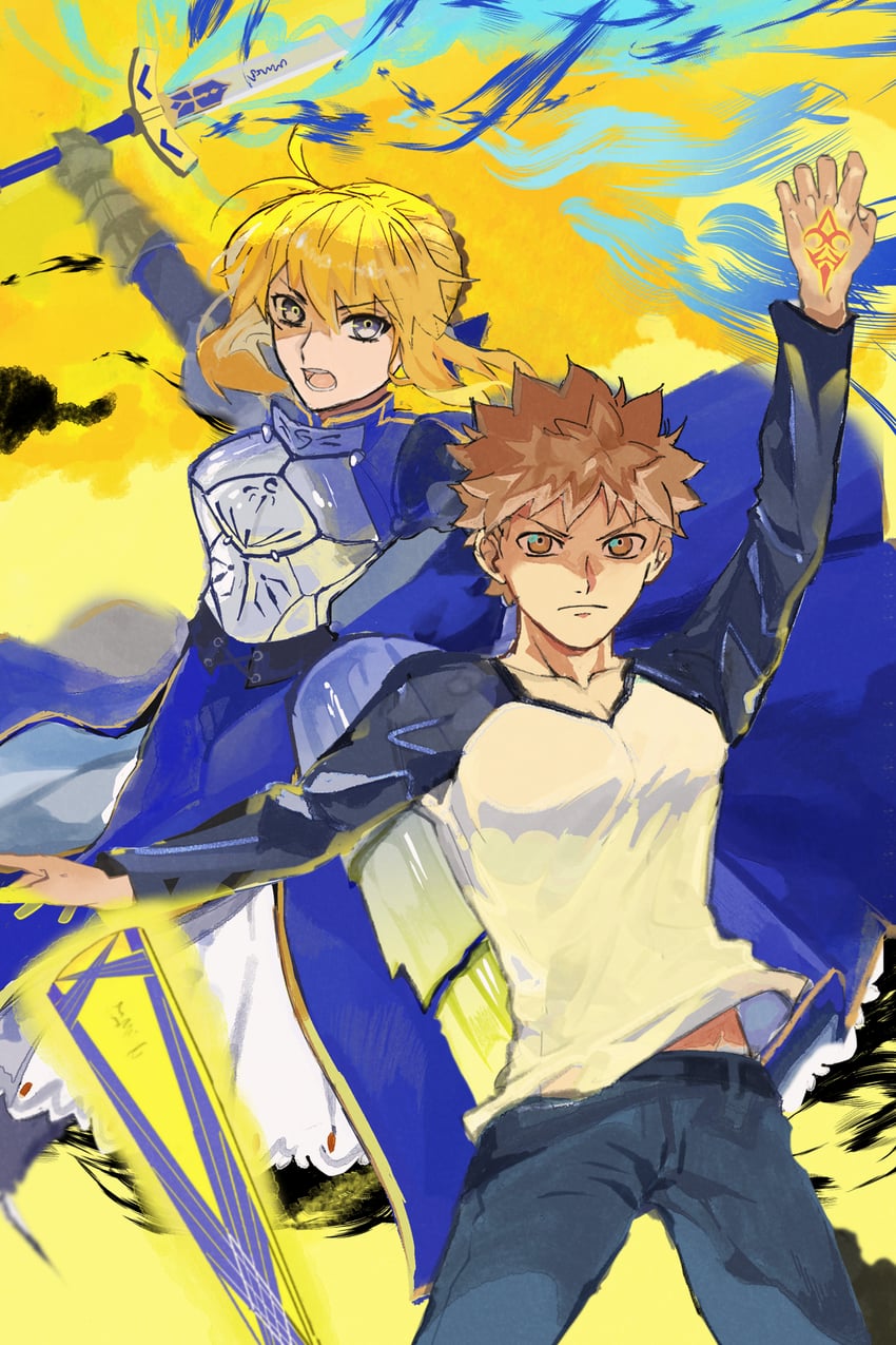 artoria pendragon, saber, and emiya shirou (fate and 1 more) drawn by erk_(okra_ecory)