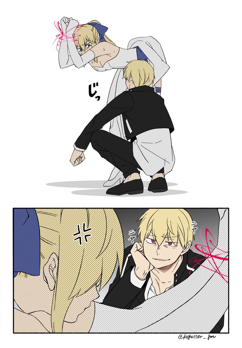 artoria pendragon, saber, and gilgamesh (fate and 2 more) drawn by moonlight_0423