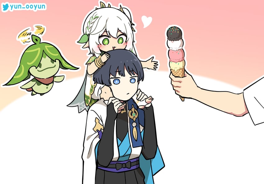 scaramouche, nahida, wanderer, aranara, and arama (genshin impact) drawn by ooyun