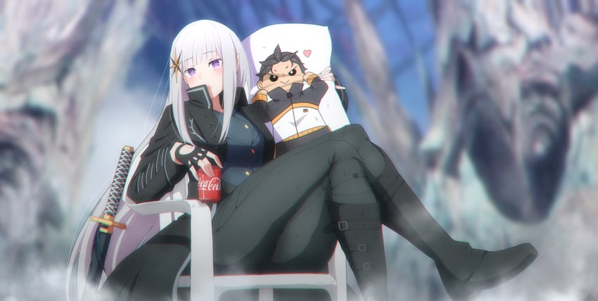 natsuki subaru, vergil, and satella (re:zero kara hajimeru isekai seikatsu and 2 more) drawn by cedric_(gear_art)