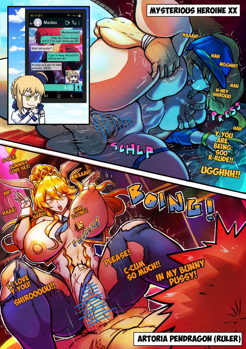 artoria pendragon, saber, emiya shirou, and mysterious heroine xx (fate and 2 more) drawn by simp_devil