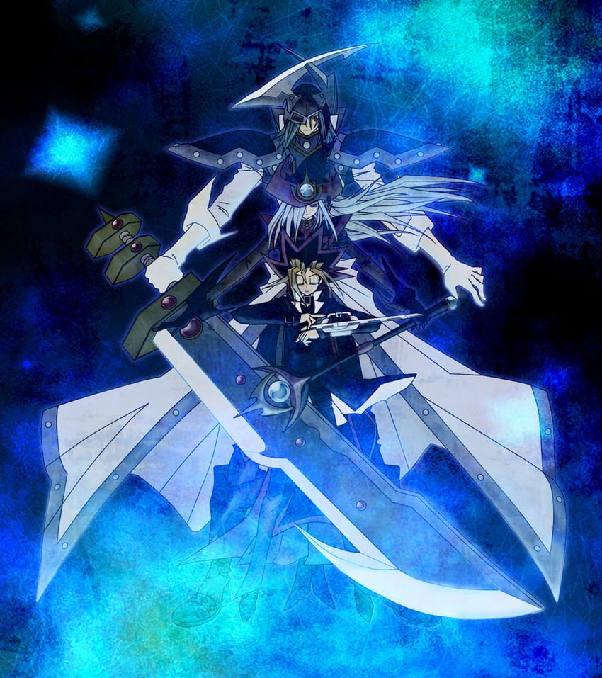 muto yugi, silent magician, and silent swordsman (yu-gi-oh! and 1 more) drawn by iturou