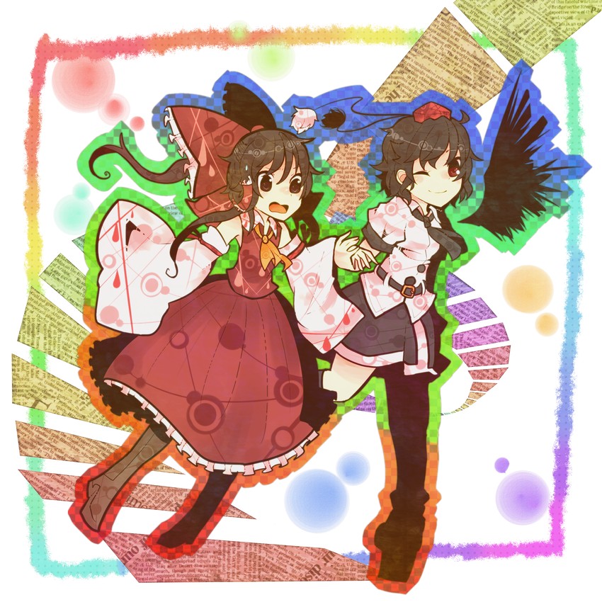 hakurei reimu and shameimaru aya (touhou) drawn by itomugi-kun