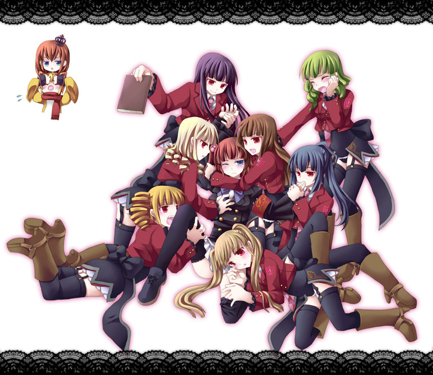 ushiromiya ange, ushiromiya maria, sakutarou, mammon, lucifer, and 6 more (umineko no naku koro ni) drawn by kotoko_(oxxxo)