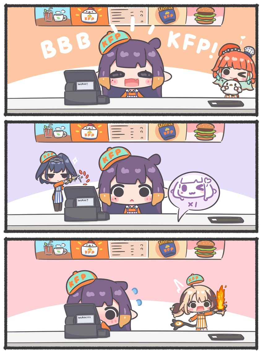 ninomae ina'nis, ouro kronii, takanashi kiara, gigi murin, and kfp employee (hololive and 1 more) drawn by mpien
