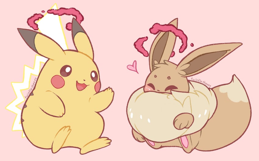 pikachu, eevee, gigantamax pikachu, and gigantamax eevee (pokemon) drawn by janna_(sweepysheepy)