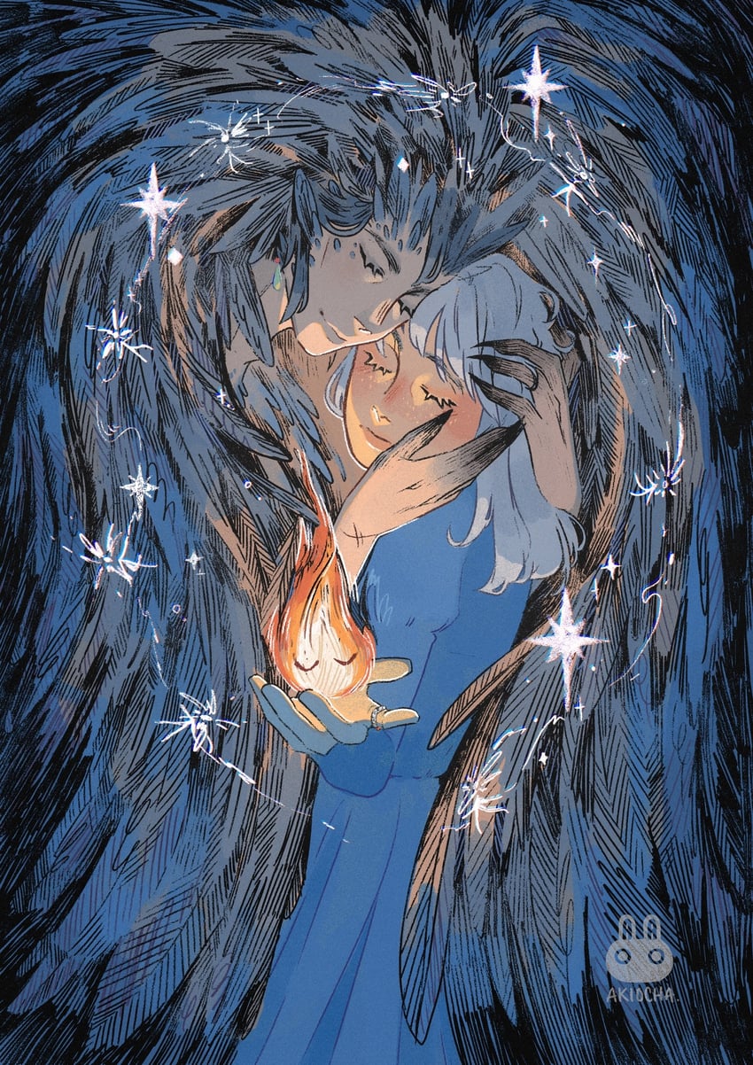 howl pendragon, sophie hatter, and calcifer (studio ghibli and 2 more) drawn by akiocha