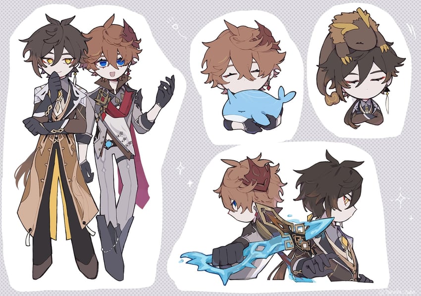 zhongli, tartaglia, and rex lapis (genshin impact) drawn by taraba_teba