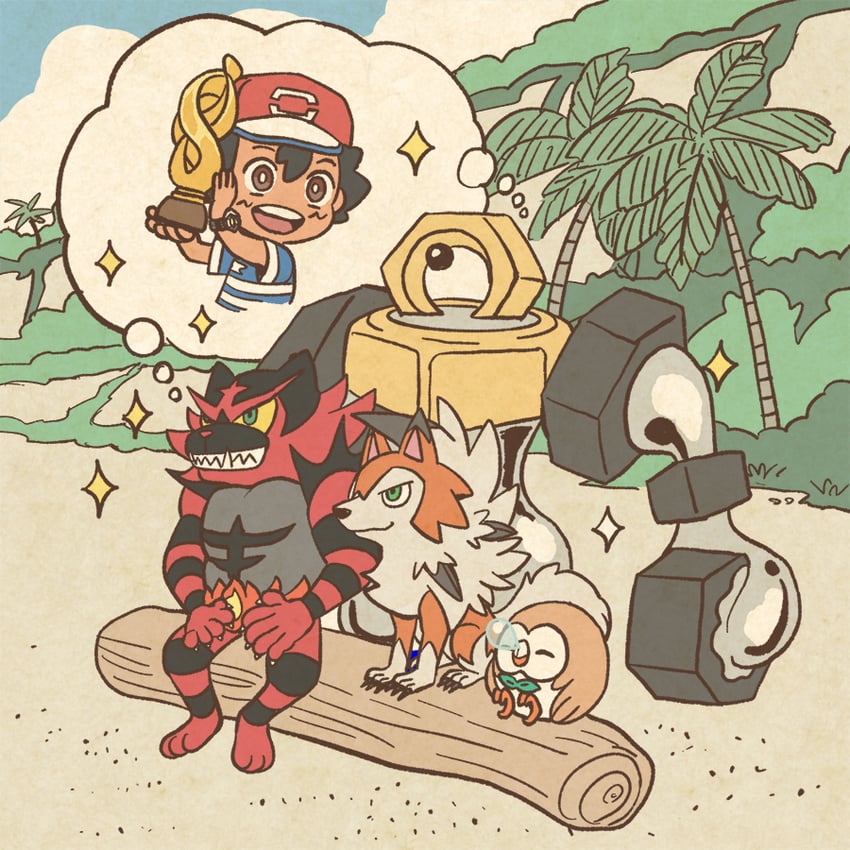 ash ketchum, rowlet, lycanroc, incineroar, and melmetal (pokemon and 2 more) drawn by mojacookie