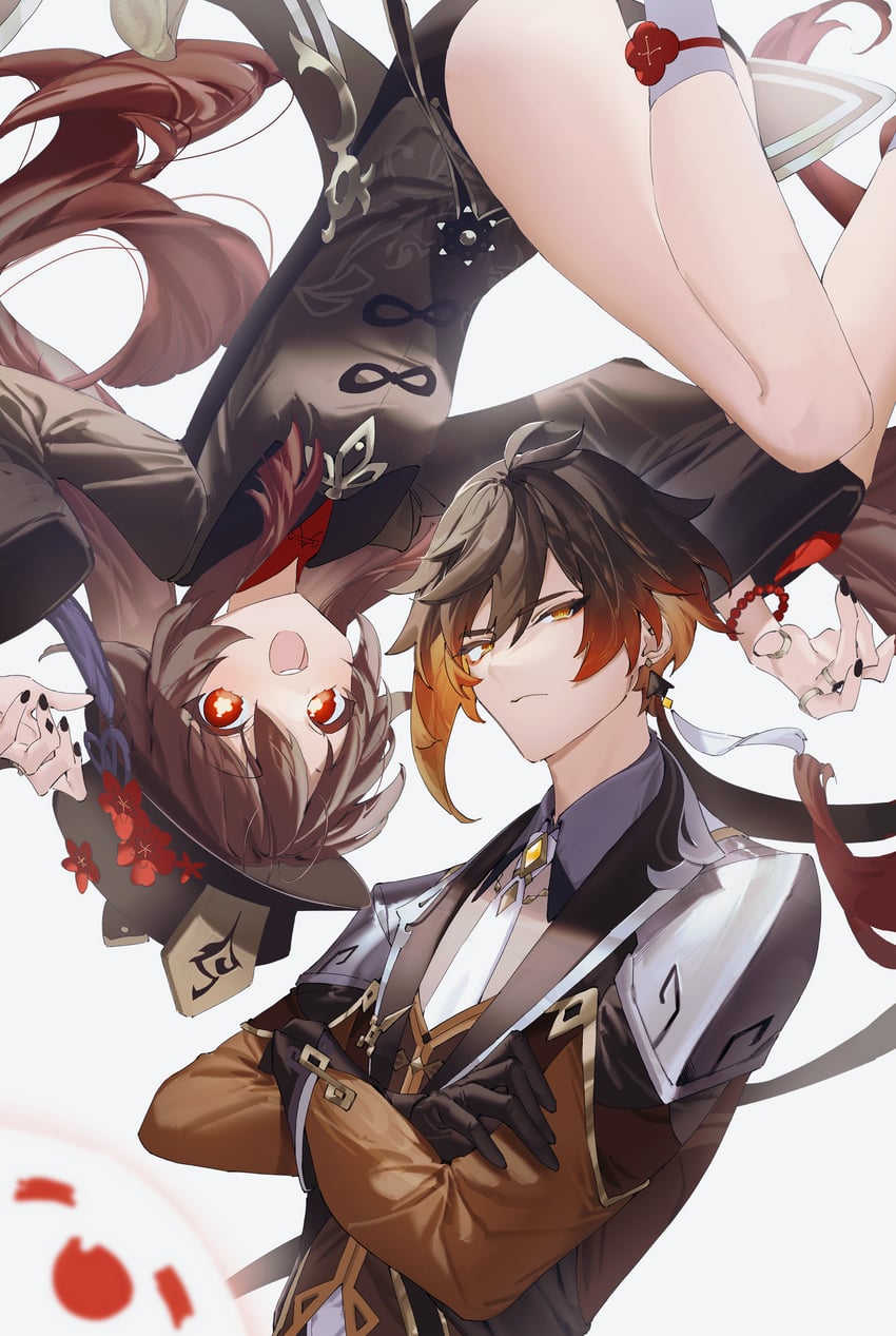 hu tao, zhongli, and boo tao (genshin impact) drawn by ichibi