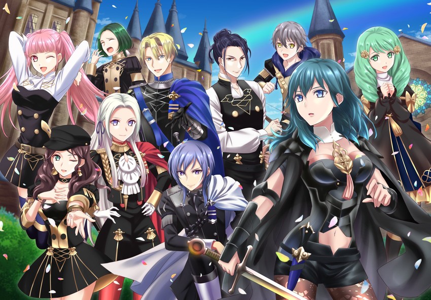 female byleth, edelgard von hresvelg, dimitri alexandre blaiddyd, hilda valentine goneril, dorothea arnault, and 5 more (fire emblem and 1 more) drawn by kakiko210