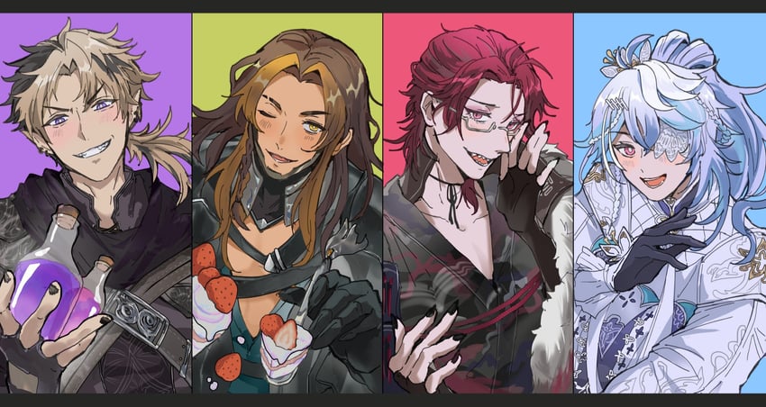 octavio, jurard t rexford, crimzon ruze, and goldbullet (holostars and 1 more) drawn by riz_tempura