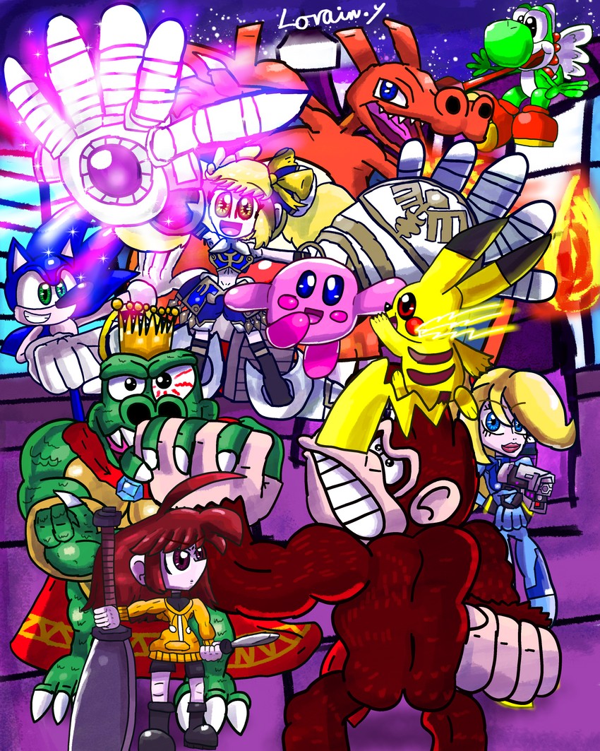 pikachu, kirby, samus aran, sonic the hedgehog, charizard, and 5 more (original and 9 more) drawn by gameartist1993