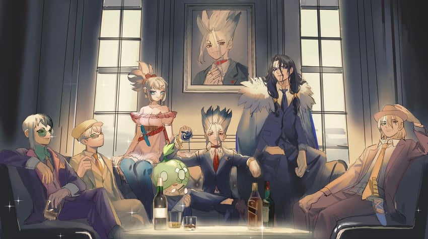 kohaku, ishigami senkuu, asagiri gen, suika, nanami ryuusui, and 2 more (dr. stone) drawn by fanli4ni