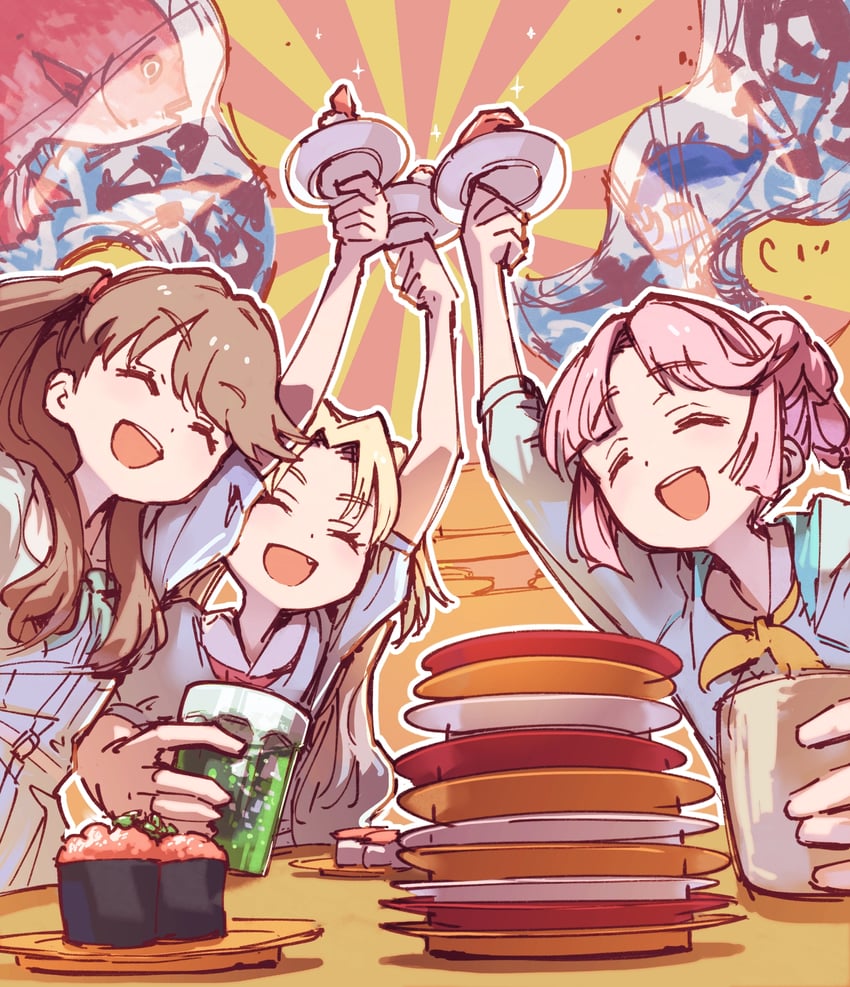 fujishima megumi, osawa rurino, and anyoji hime (love live! and 1 more) drawn by lao_ren_xing