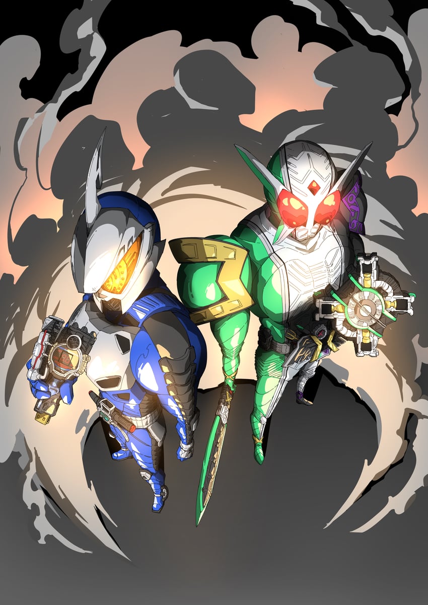 kamen rider double, kamen rider accel, and kamen rider accel trial (kamen rider and 1 more) drawn by naitsupic