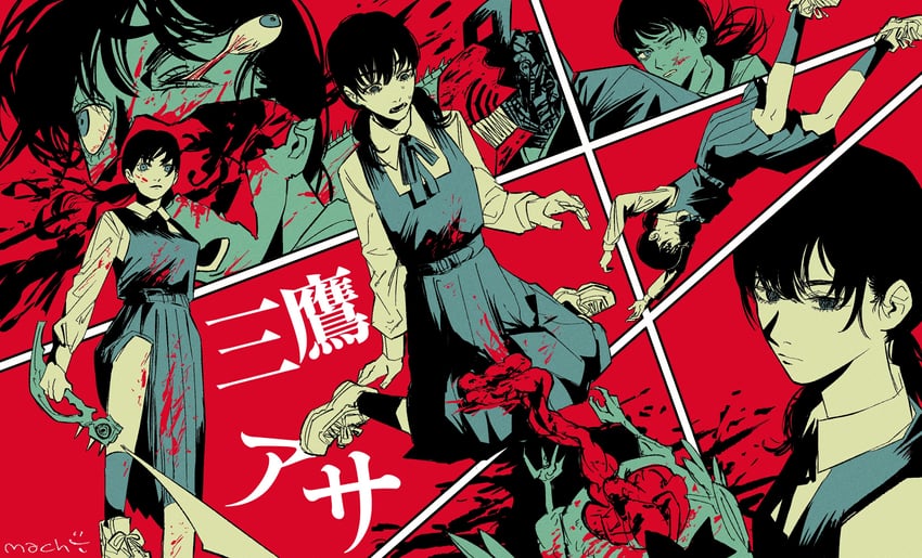 denji, yoru, mitaka asa, and bucky (chainsaw man) drawn by machipachi1901
