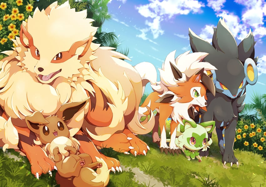 eevee, sprigatito, arcanine, lycanroc, and luxray (pokemon) drawn by kechon-san