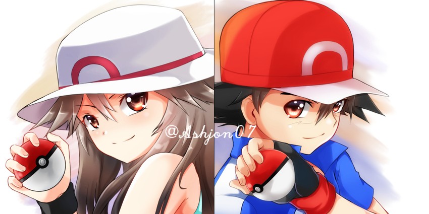 ash ketchum and leaf (pokemon and 2 more) drawn by ashujou