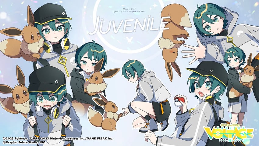 hatsune miku and eevee (pokemon and 3 more) drawn by tama_(songe)