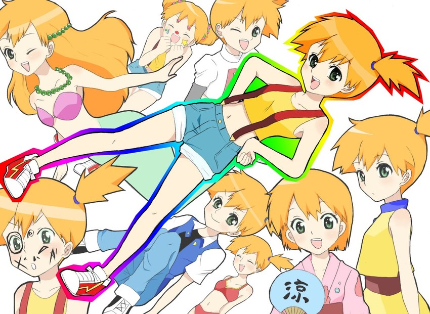 ash ketchum, misty, and mermaid misty (pokemon and 1 more) drawn by mochi730