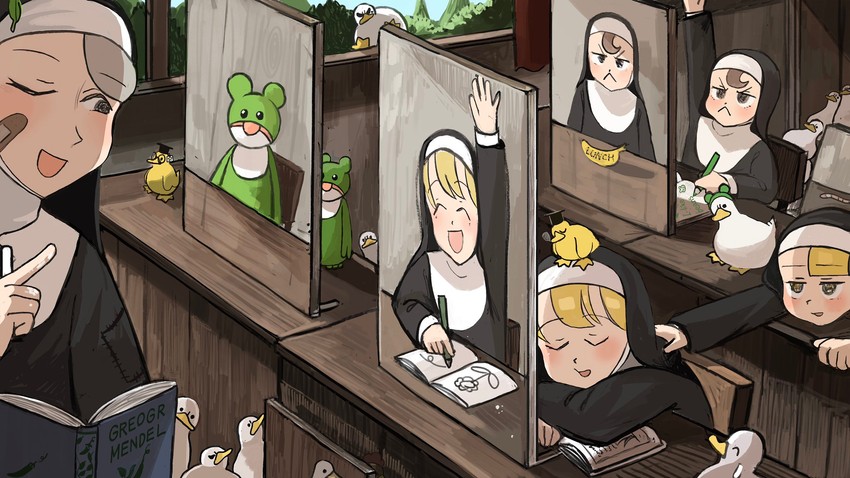 clumsy nun, froggy nun, spicy nun, and leaf nun (little nuns) drawn by diva_(hyxpk)