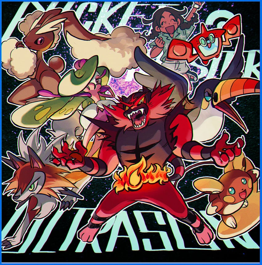 selene, rotom, lopunny, lycanroc, incineroar, and 4 more (pokemon and 1 more) drawn by elizabeth_(tomas21)