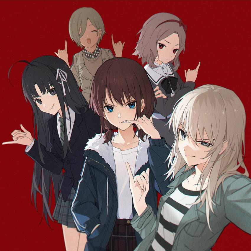 iseri nina, kawaragi momoka, awa subaru, ebizuka tomo, and rupa (girls band cry) drawn by nogi_lace