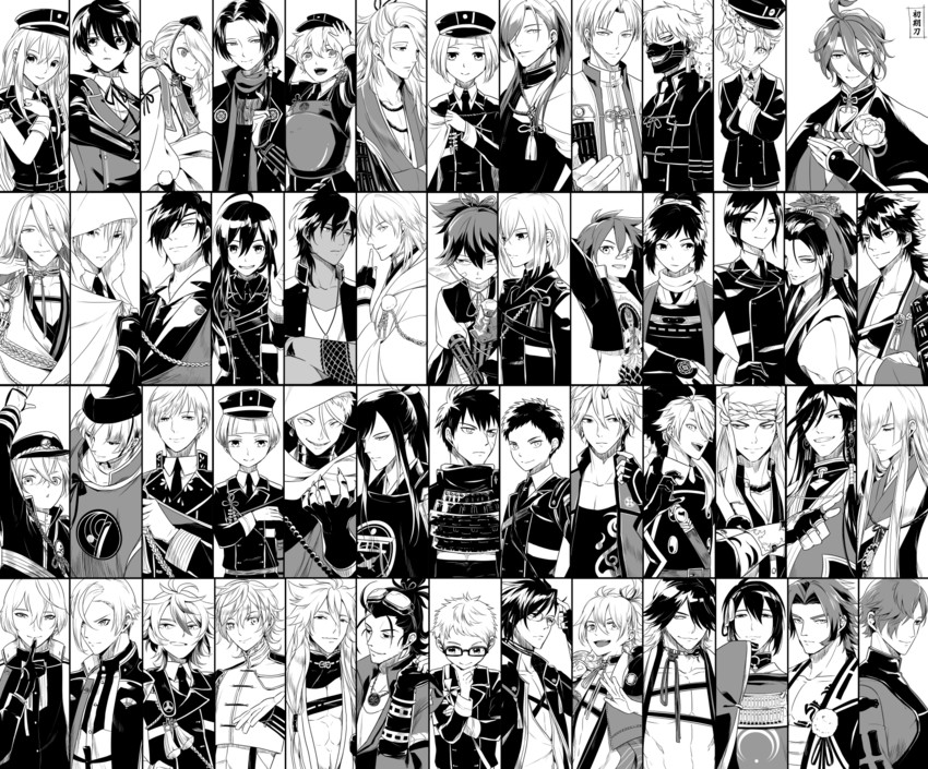 mikazuki munechika, kashuu kiyomitsu, yamato-no-kami yasusada, tsurumaru kuninaga, namazuo toushirou, and 49 more (touken ranbu) drawn by sake_(kadai)