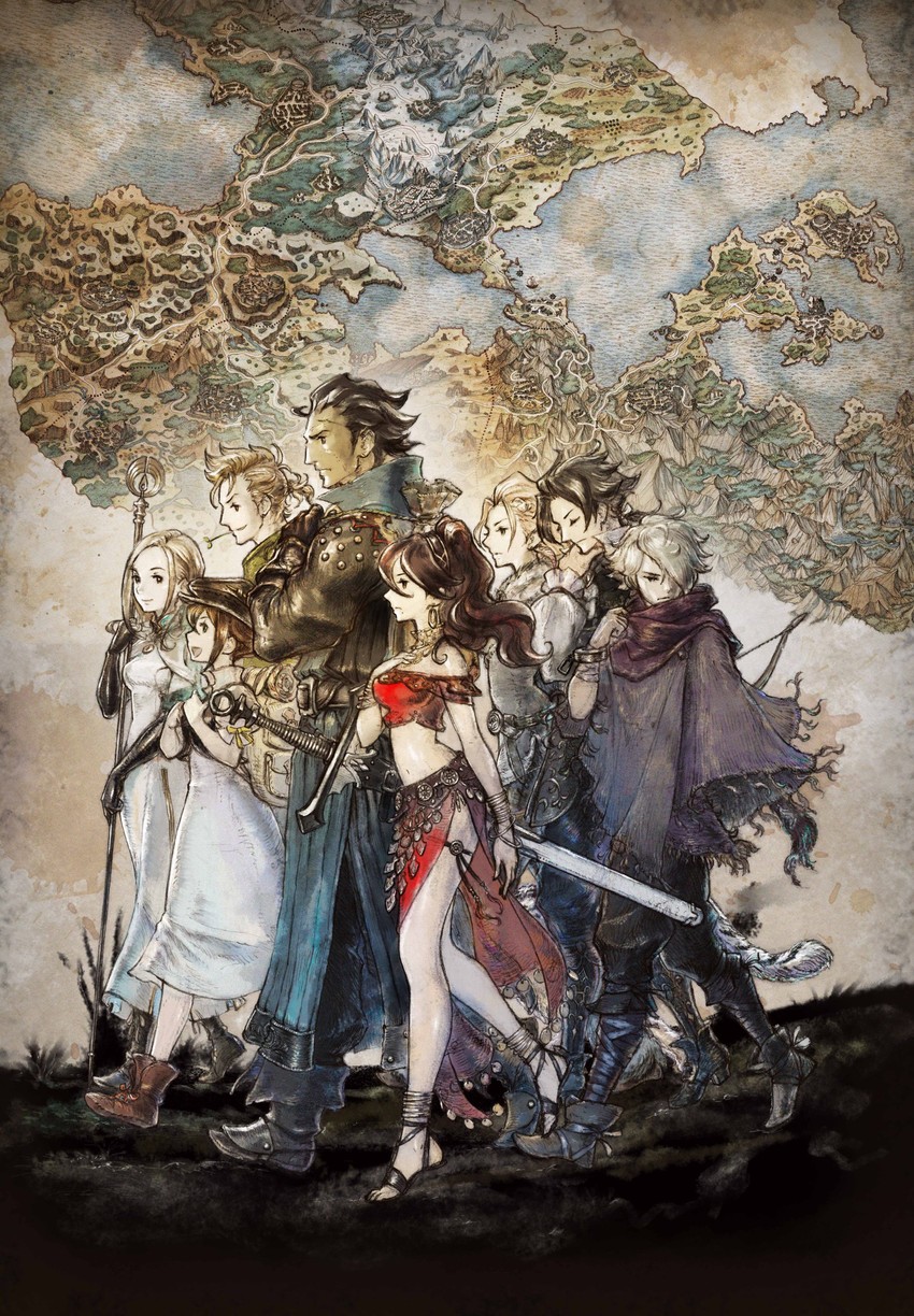 therion, tressa colzione, ophilia clement, primrose azelhart, cyrus albright, and 3 more (octopath traveler and 2 more) drawn by ikusy