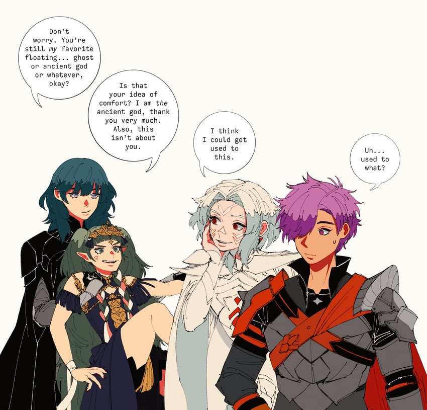 female byleth, sothis, male shez, and arval (fire emblem and 2 more)