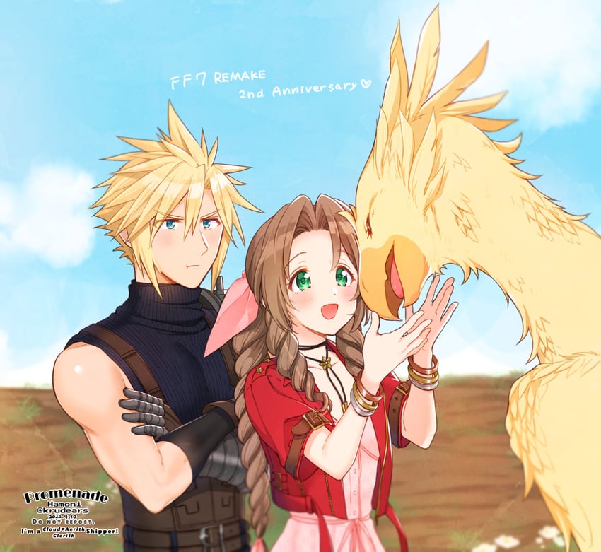 cloud strife and aerith gainsborough (final fantasy and 2 more) drawn by krudears