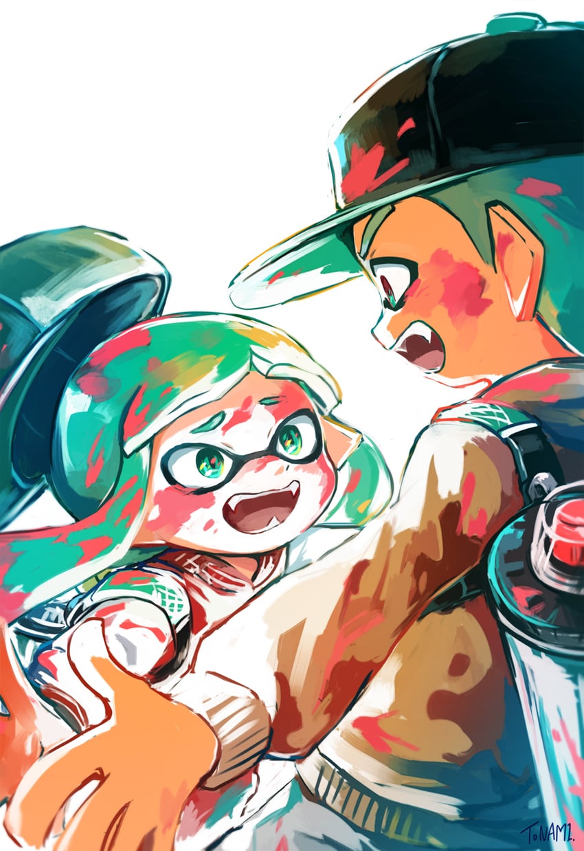 inkling player character, inkling girl, and inkling boy (splatoon) drawn by tona_bnkz