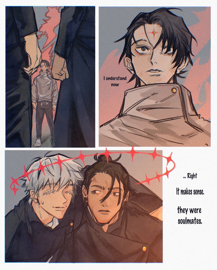 gojou satoru, getou suguru, and okkotsu yuuta (jujutsu kaisen) drawn by soy_flann
