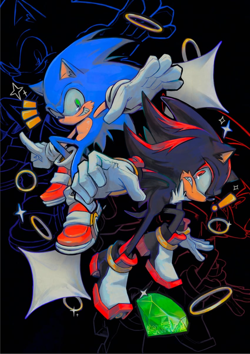 sonic the hedgehog and shadow the hedgehog (sonic and 1 more) drawn by sainttufa