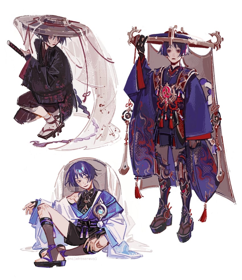 scaramouche, wanderer, and kuronushi (genshin impact) drawn by enilehtnorevol