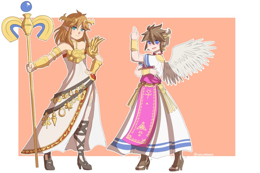 link, princess zelda, palutena, and pit (the legend of zelda and 5 more) drawn by izzynaww