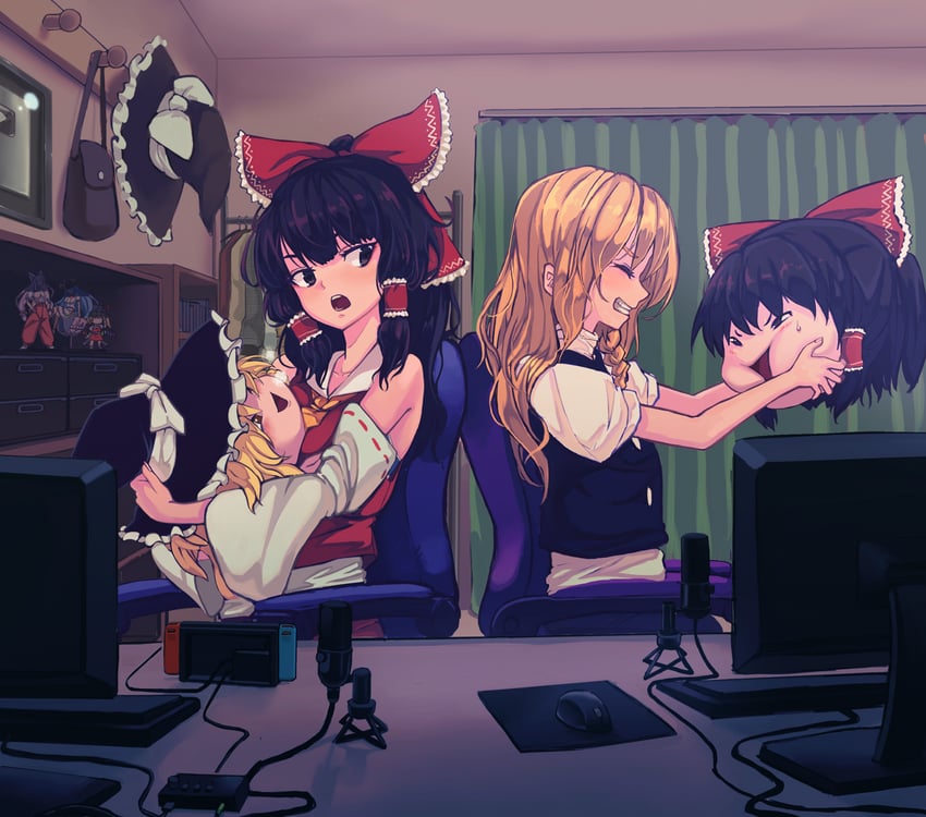 hakurei reimu, kirisame marisa, flandre scarlet, fujiwara no mokou, and hinanawi tenshi (touhou) drawn by kaden_(muxt8423)