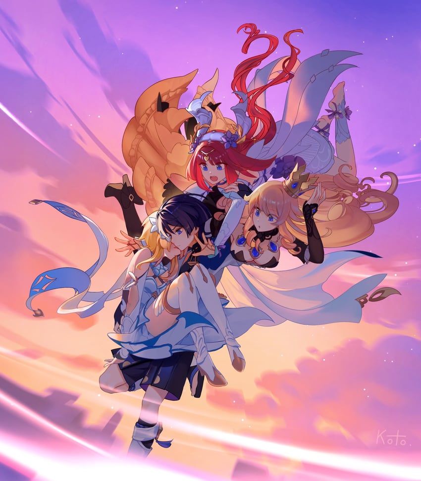lumine, scaramouche, wanderer, navia, and nilou (genshin impact) drawn by kotokate